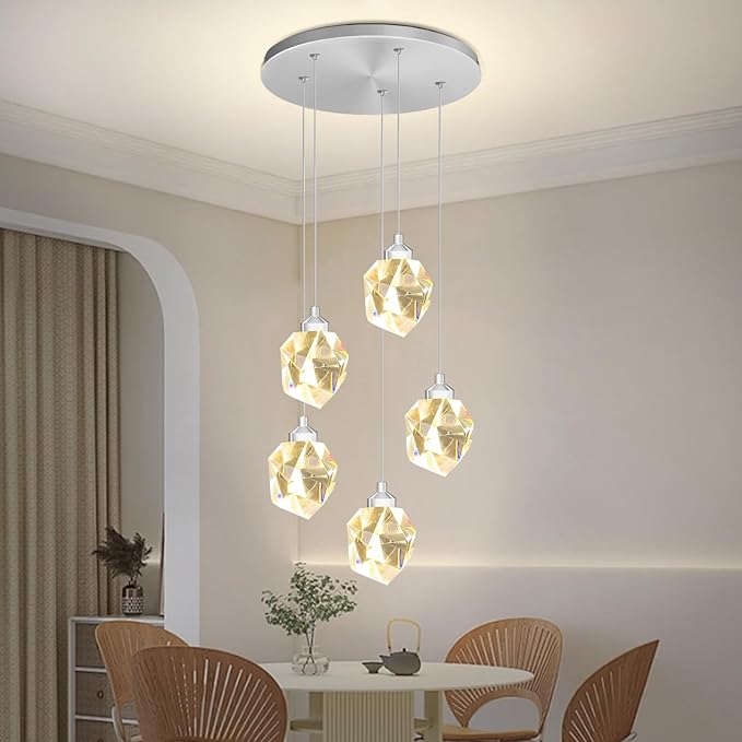 Modern LED Chrome Crystal Raindrop Chandeliers Adjustable Pendant Light for Kitchen Island 5-Light Dining Room Light Fixtures Over Table Dimmable 3000K-6000K