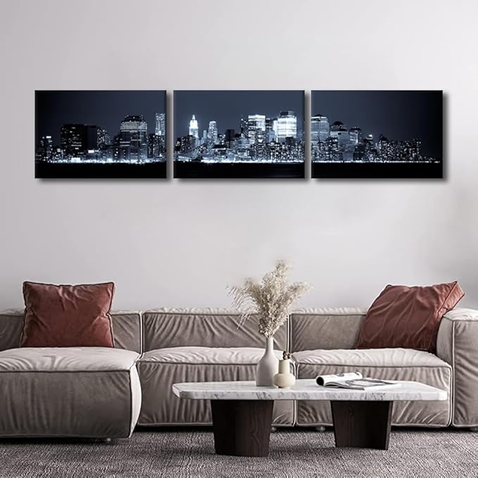 New York Skyline Canvas Wall Art Manhattan Wall Art for Living Room Cityscape at Night Pictures for Bedroom Modern Home Decor Office Bathroom Decorations Artwork Framed Ready to Hang 16x72 Inch