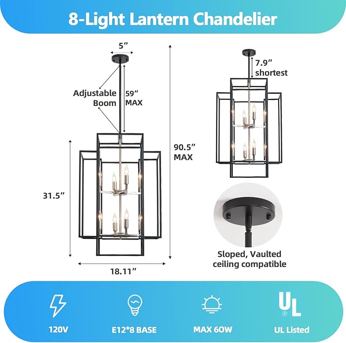 31.5" Farmhouse Chandelier, 8-Light Black & Silver Lantern Pendant Light, Modern Foyer Lighting Fixtures, Entryway Chandeliers for High Ceilings, for Living Room,Staircase,Hallway