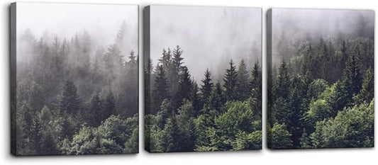 Pacimo Canvas Wall Art Fog Over Pine Tree Forest Nature Wilderness Photography Modern Art Rustic Landscape Relax/Calm Cool for Wall Decor Giclee Artwork Stretch Framed Ready to Hang - 12"x16"x3