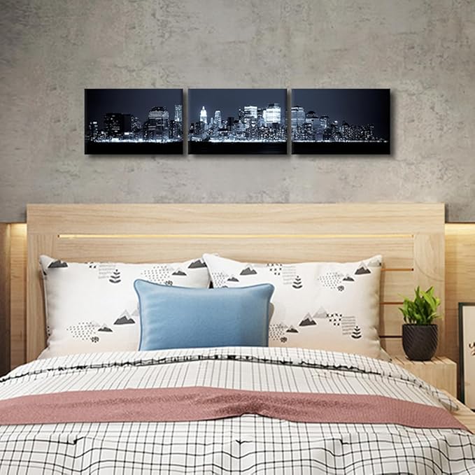 New York Skyline Canvas Wall Art Manhattan Wall Art for Living Room Cityscape at Night Pictures for Bedroom Modern Home Decor Office Bathroom Decorations Artwork Framed Ready to Hang 12x48 Inch