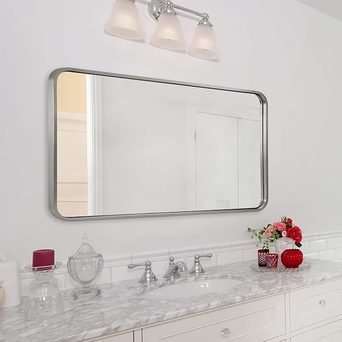 ANDY STAR 24x40'' Bathroom Mirror for Wall, Brushed Nickel Rounded Rectangle Mirror for Vanity in Stainless Steel Tube Metal Frame Antirust Wall-Mounted Horizontal or Vertical