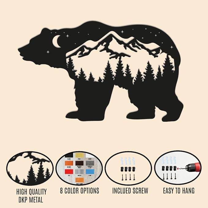 Bear Metal Wall Art, Decorative Mountain Forest Wall Decor, Farmhouse Decor, Large Wall Decorations for Outdoor, Nature & Wildlife Sign, Bear in the Woodland, Animal Wall Art, Hunter Gift