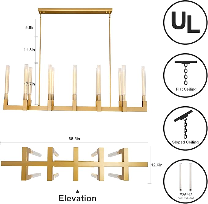 68-Inch 12-Light Gold Modern Chandelier with Knurled Glass Tube Shades, Rectangular Luxury Ceiling Pendant Light Fixture for Dining Room, Living Room, or Foyer.