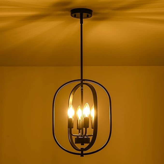 12.2" Modern Farmhouse Black Small Chandelier, 4 Light Adjustable Geometric Hanging Light Fixture for Foyer, Entryway, Hallway, Kitchen