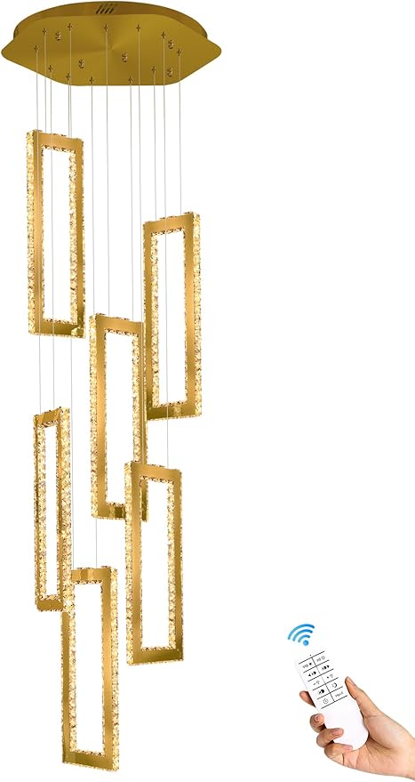 Modern Led Gold Chandelier Adjustable 6 Rings Crystal Chandelier for Living Room Foyer Stairwell Lighting High Ceiling Lamp Dimmable 2700K-6000K