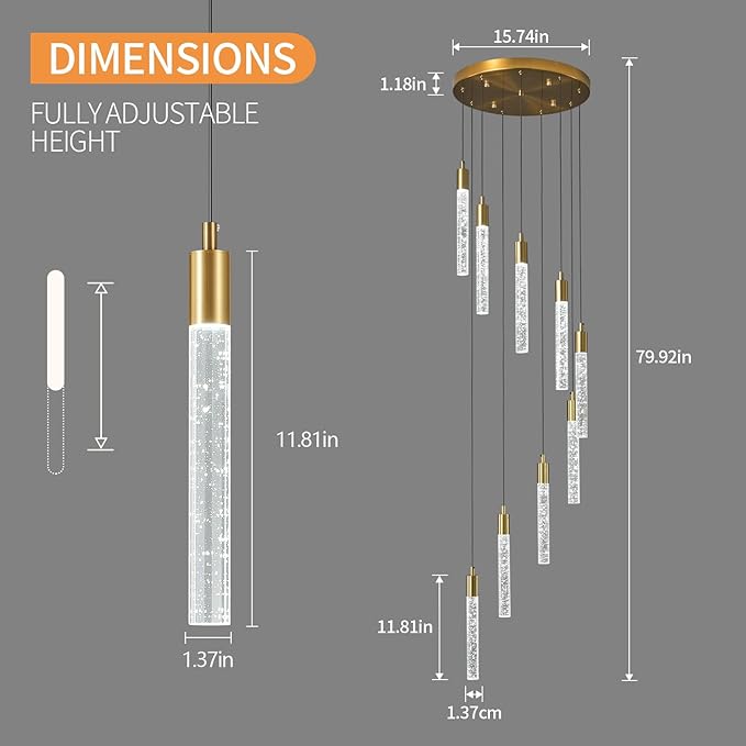 9-Light Modern Living Room Chandelier Gold Brass Finish Crystal Ceiling Pendant Lights LED Dimmable 54W 6000K Staircase Large Chandeliers for Entryway Lobby Foyer High Ceiling Chandeliers
