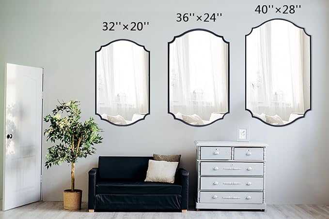 Chende Black Bathroom Mirror for Over Sink, 32'' x 20'' Arched Mirror with Scalloped Frame for Home Decor, Modern Decorative Wall Mirrors for Entryway, Living Room, Dining Room, Bedroom, Fireplace