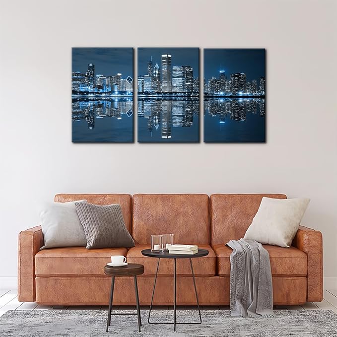 Pacimo Chicago Cityscape Modern Canvas Wall Art Prints Artwork Skyscrapers at Night View Paintings City Skyline Pictures Painting for Home Decorations Decor Framed Ready to Hang - 16"x24"x3 Panels