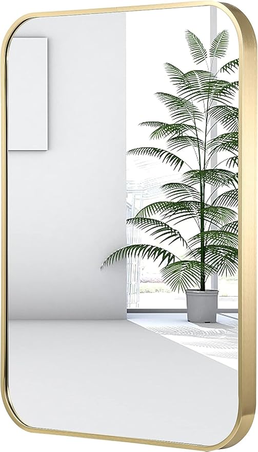 26x38 Inch Gold Bathroom Mirror, Brushed Brass Gold Metal Framed Rectangular Mirror with Rounded Corner, Bathroom Vanity Mirror for Bedroom or Living Room, Horizontal/Vertical