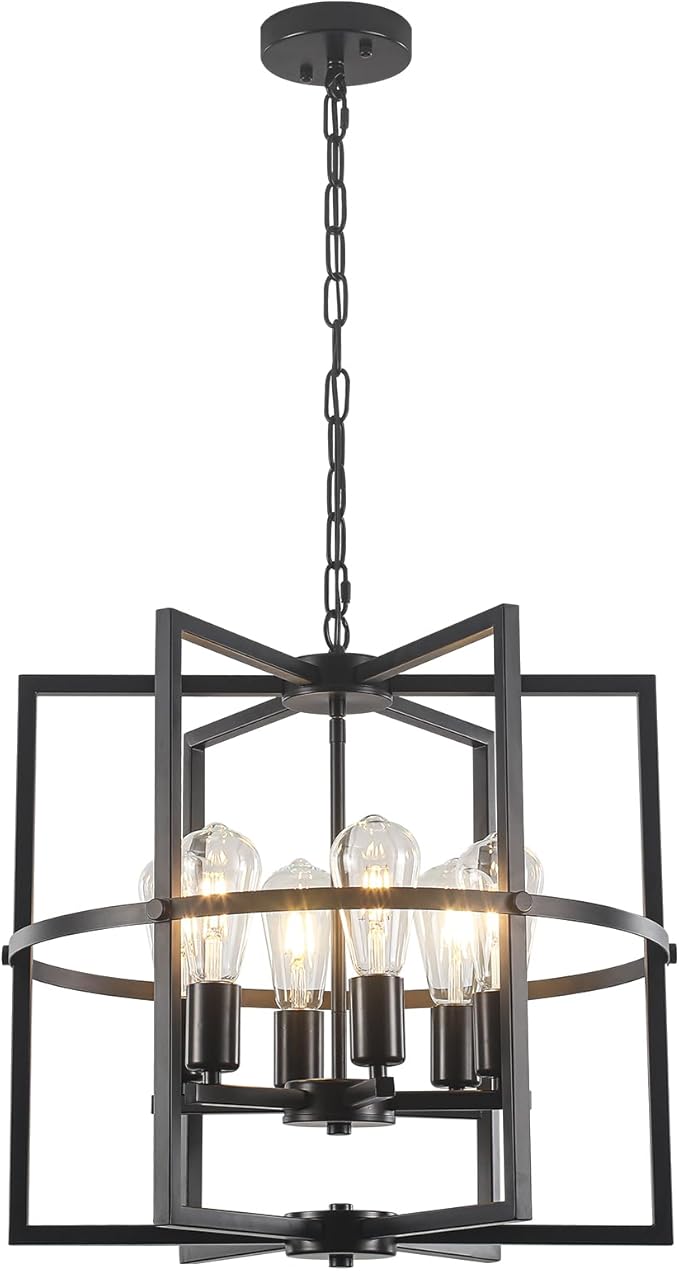 6-Light Black Farmhouse Chandelier for Dining Room, 19'' Modern Industrial Metal Cage Adjustable Hanging Pendant Light for Kitchen Island, Entryway, Hallway, Bedroom