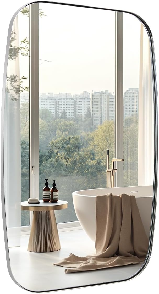 ANDY STAR 30x36 Chrome Bathroom Mirror, Oblong Silver Mirror with Stainless Steel Metal Frame, Oval Vanity Mirror for Over Sink, Modern Anti Rust Wall Mounted