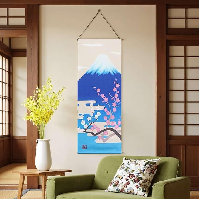 Japanese Tapestry Wall Art Scroll Feng Shui & Lucky Symbols | W15.7xH47.2", Extra Long Vertical Hanging Decor for Bedroom, Living Room, Office Zen Design Mount Fuji and cherry blossoms CTT-15