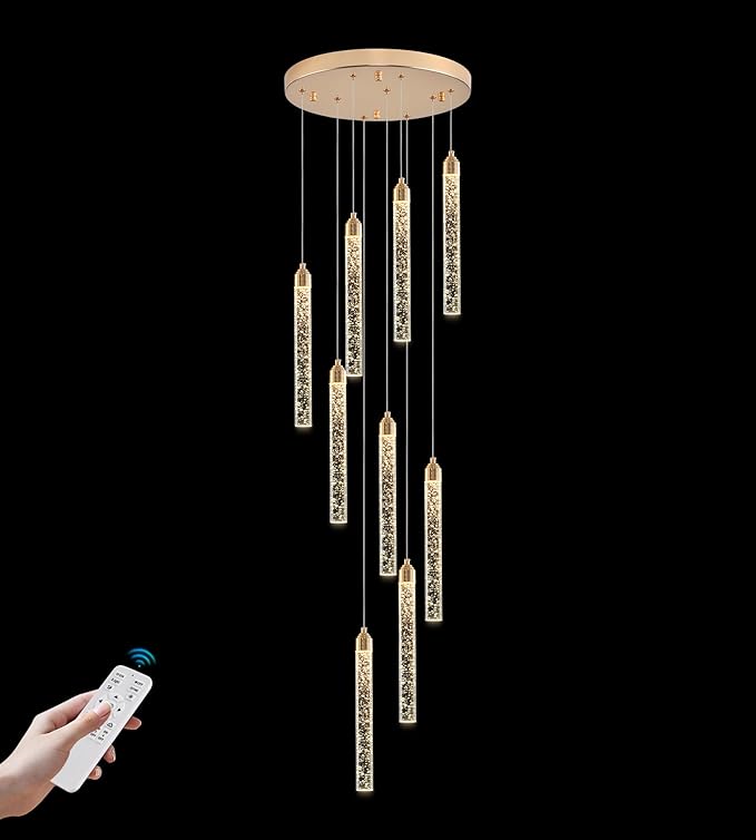 9-Light Gold High Ceiling Crystal Staircase Chandelier, Modern Spiral Raindrop Dimmable LED Bubble Cluster Ceiling Hanging Lighting Fixture for Foyer Living Room Entrance Remote Control