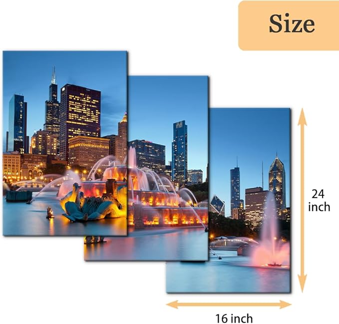Pacimo Buckingham Fountain Canvas Wall Art Grant Park Skyline Painting Picture Wall Decor Chicago Cityscape Gallery Wrapped Posters Prints Modern Artwork for Living Room Bedroom - 20"x28"x3 Panels