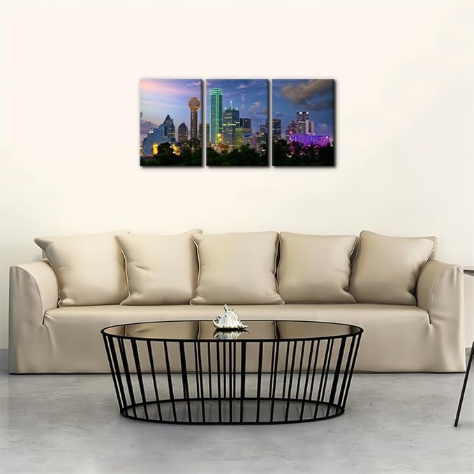 Pacimo Canvas Art Wall Decor Dallas City Skyline Pictures Landscape Painting Prints Texas Cityscape Modern Artwork Decoration for Home Decor Stretch and Framed Ready to Hang - 12"x16"x3 Panels