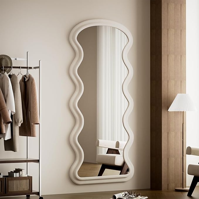 Koonmi 63"x24" Irregular Mirror Full Length, Large Full Body Freely Standing Mirror, Flannel Wave Floor Mirror with Stand for Bedroom, Living Room, Hanging or Against The Wall, White