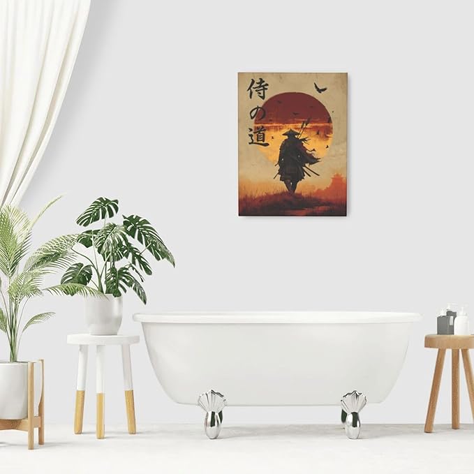 Japanese Samurai Wall Art Oriental Asian Bushido Wall Decor Warrior Figure Canvas Pictures Paintings Prints Japan Traditional Aesthetic Artwork Framed Decorations For Bedroom Living Room Office Gifts 12" x 16"