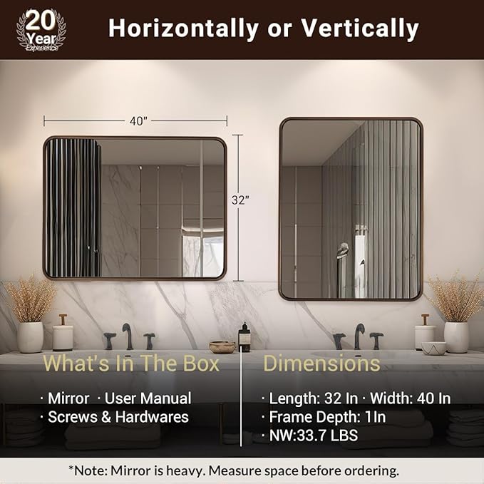ANDY STAR 40x32 Inch Bronze Bathroom Mirror, Rounded Rectangle Oil Rubbed Bronze Mirrors for Bathroom,Tube Metal Framed, 1’’ Deep Wall Mounted Vertically/Horizontal