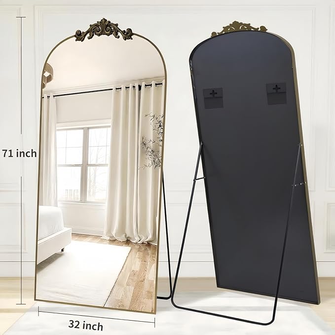 Arched Full Length Mirror, 71"x32" Full Body Mirrors with Carved, Floor Mirror for HomeDecor, Standing/Halling Large Wall Mirror for Bedroom, Living Room, Cloakroom, Bronze, Retro Style