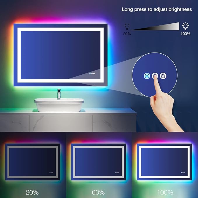 LOAAO 40"X24" LED Bathroom Mirror with Lights, Anti-Fog, Dimmable, RGB Backlit + Front Lighted, Bathroom Vanity Mirror for Wall, Memory Function, Tempered Glass (Safe to Use)