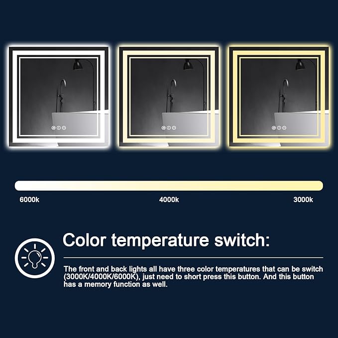 38x38 Inch LED Bathroom Mirror with Lights, Backlit and Front Lighted Bathroom Mirrors for Wall, Anti-Fog Dimmable Memory Shatterproof LED Vanity Mirror for Bathroom