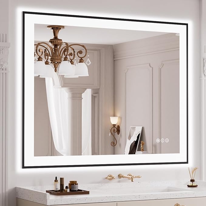 LOAAO 40"X30" LED Bathroom Mirror Black Framed, Anti-Fog, Dimmable, Lighted Bathroom Vanity Mirror for Wall, Memory Function, Tempered Glass