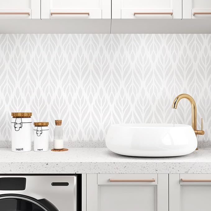 Modern Grey White Geometric Peel and Stick Wallpaper Self Adhesive Grey Floral Geometric Contact Paper Removable Boho Floral Contact Paper for Bedroom Bathroom Cabinets Wall Decor 17.5"x315"