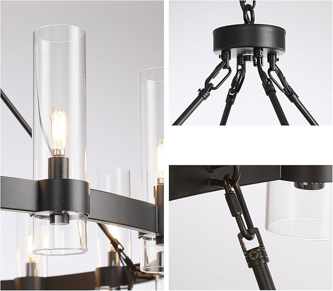 60 Inch Black Round Chandelier, Wagon Wheel Chandelier with Glass Shade, 20-Lights Large Modern Farmhouse High Ceilings Pendant Lighting Fixture for Dining Room, Living Room, Kitchen, Foyer