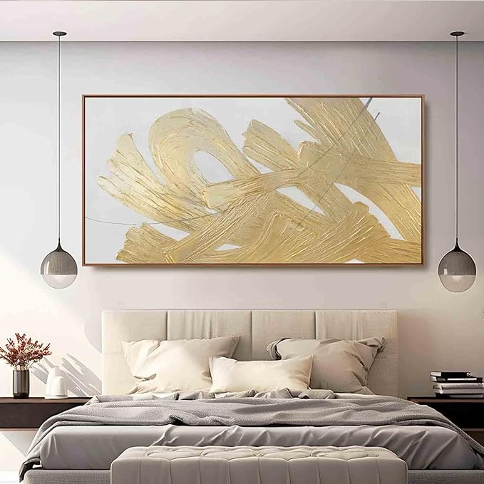 Large Gold Wall Art Abstract Canvas Wall Decor Framed Arts Pictures Modern Artwork Hand Drawn Paintings 36"x70"