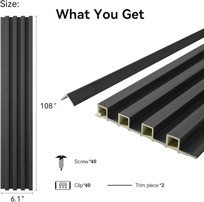 8-Pack WPC Wall Panels 108’’ x 6.1’’ 3D Slat Wall Panel Acoustic Wall Paneling for Interior Wall Decor TV Background Kitchen Bedroom Black