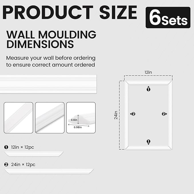 6 Sets Peel and Stick Wall Molding Kit, 12''x24'' Premade Wainscoting Accent Panels for Interior Wall Trim, Easy DIY Moulding Decor