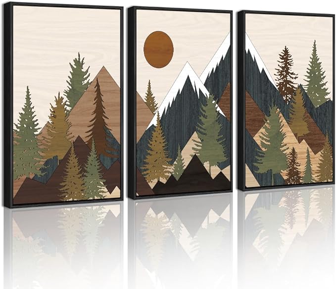 KUVIOKE Morden Mountains Framed Wall Art Boho Pine Tree Forest Nature Landscape Artwork Bohemain Farmhouse Rustic Bedroom Living Home Decor 12x16in (Black Framed)