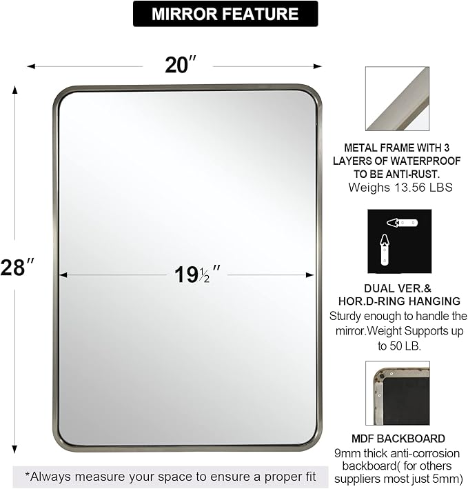 ANDY STAR Mirrors for Wall, 20x28’’ Brushed Nickel Bathroom Mirror, Rounded Rectangle Mirrors for Vanity, Anti-Rust SUS304, Tube Metal Frame, 1’’ Deep Wall Mounted Vertically/Horizontal