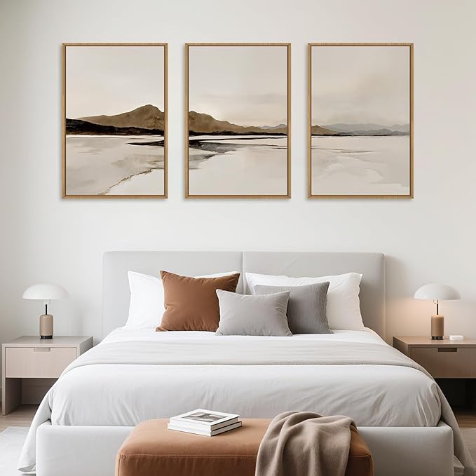 Ausril Beige and Brown Foggy Framed Canvas Wall Art Set, Modern Misty Landscape Wall Decor, Abstract Mountain Lake Wall Painting, Minimalist Nature Art Prints for Living Room, Bedroom - 16"X24"X3