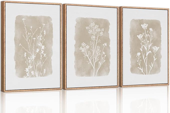 CHDITB Neutral Botanical Wall Art Set of 3, 24"x36" Large Framed Boho Farmhouse Wall Decor, Modern Minimalist Floral Wall Painting, Rustic Wildflower Canvas Art Prints for Living Room, Bedroom