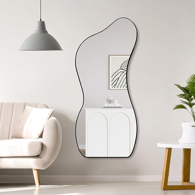 Large Irregular Wall Mirror 47.2"x22", Unique Shaped Black Asymmetrical Mirror, Modern Oblong Wavy Mirror, Cloud Mirror for Living Room,Bathroom,Entryway,Dining Room