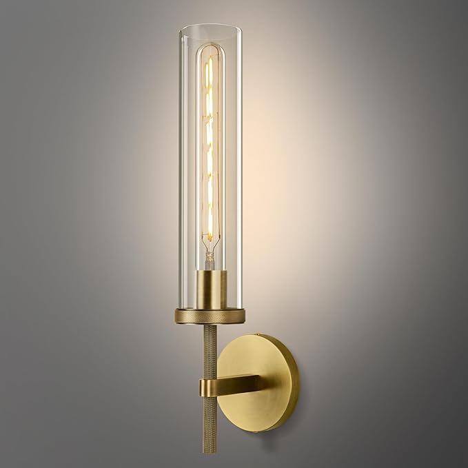 Brass Wall Sconce 19.48" Handcrafted Vintage Wall Lamp with Clear Glass Tube & Knurled Detailing, Sconce Lighting for Bedroom Bathroom Hallway Staircase Entryway, Dining Room Decor Lighting Fixture