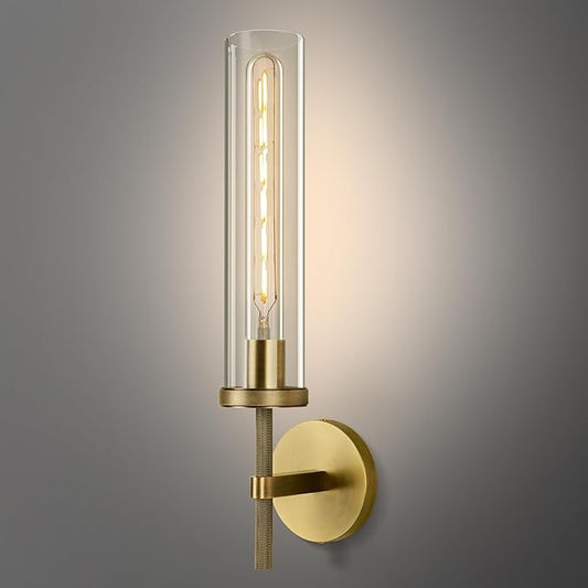 Brass Wall Sconce 19.48" Handcrafted Vintage Wall Lamp with Clear Glass Tube & Knurled Detailing, Sconce Lighting for Bedroom Bathroom Hallway Staircase Entryway, Dining Room Decor Lighting Fixture