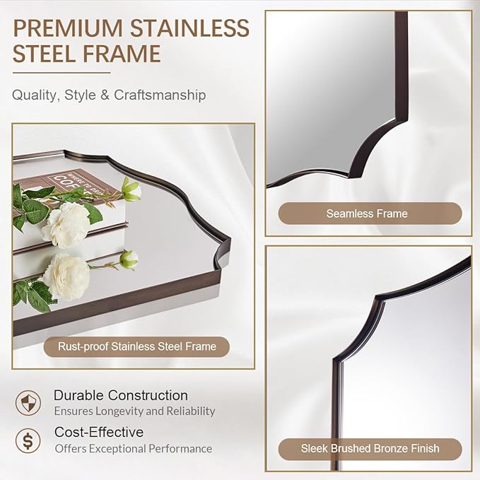 ANDY STAR 30"x48" Brushed Bronze Scalloped Mirror, Large Bathroom Mirror for Over Sink, Antique Bronze Mirror, Timeless Shape with Unique Flair, Ideal for Home Remodel (Vertically/Horizontally)