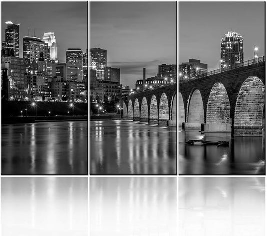 America Native Wall Art -3 Pieces Black and White Minneapolis Skyline Modern Artwork Cityscape Panoramic Pictures Paintings on Canvas Decoration for Living Room Office Home Kitchen Decor Ready to Hang