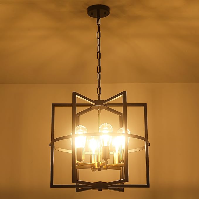 19'' Black and Gold Farmhouse Chandelier, Modern Rustic Pendant Light with Industrial for Dining Room, Kitchen Island, Entryway, Hallway