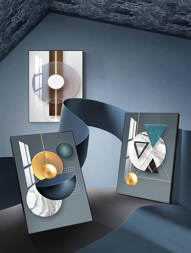 ARTKN 3 Pieces Abstract Framed Canvas Wall Art, Geometry Art Shape Pattern Paintings,Modern Artworks Wall Decor for Living Room Bedroom Office Decoration(Blue, 24" X 32" X 3 pieces)