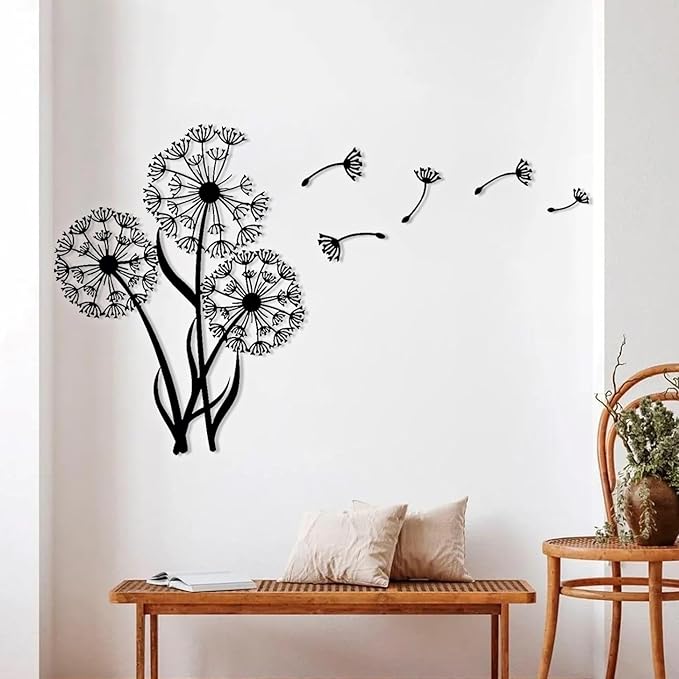 Metal Dandelion Modern Wall Art - Minimalist Abstract Sculpture, Living Room to Bedroom Decor (30'x23'|76x58cm, Black)