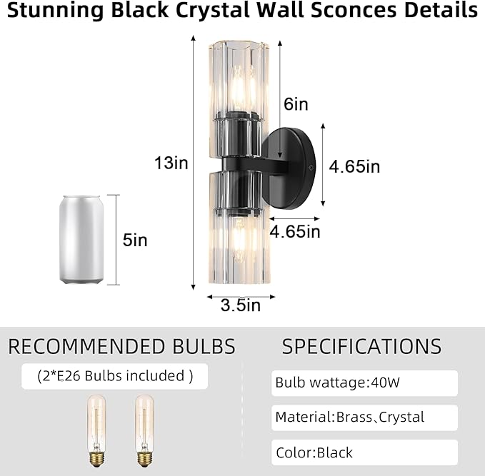 Black Crystal Wall Sconces Set of Two, Wall Sconce Set of 2, Black Sconces Wall Lighting with K9 Crystal Lampshade, Wall Lights for Bedroom Living Room Bathroom Hallway