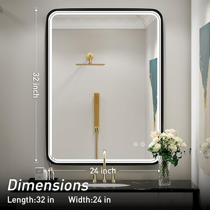 32X24 Inch LED Bathroom Mirror with Light, Black Metal Frame Mirror, Wall Mounted Lighted Vanity Mirrors for Wall, Anti Fog Dimmable Led Mirror for Makeup