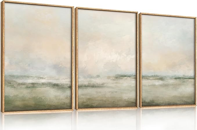Abstract Beige Green Landscape Framed Canvas Wall Art Set, Watercolor Natural Tan Wall Decor, Minimalist Neutral Modern Scenery Artwork for Living Room, Bedroom,Farmhouse- 24"x36"x3