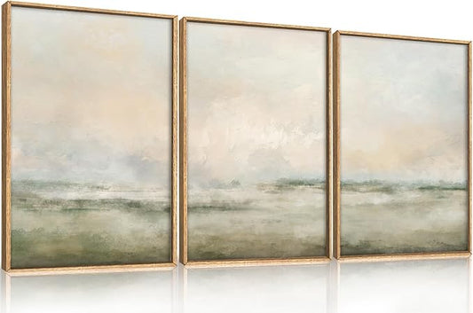 Abstract Beige Green Landscape Framed Canvas Wall Art Set, Watercolor Natural Tan Wall Decor, Minimalist Neutral Modern Scenery Artwork for Living Room, Bedroom,Farmhouse- 24"x36"x3