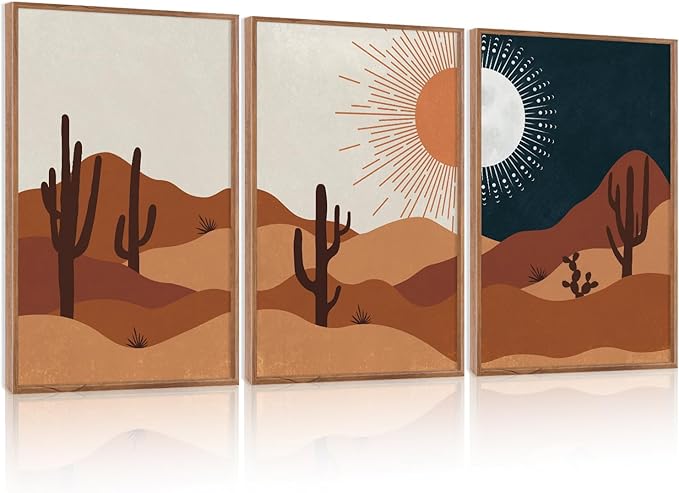 LHIUEM Boho Desert Framed Canvas Wall Art,Abstract Sun Moon Wall Decor,Modern Cactus Landscape Painting,Mid Century Southwestern Artwork for Living Room,Bedroom,Dining Room -16"x24"x3