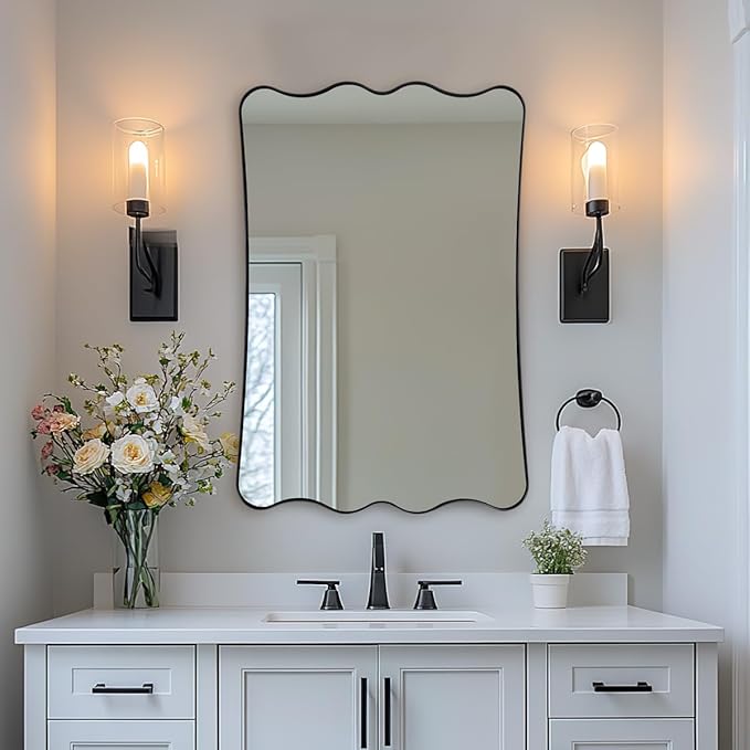 ANDY STAR 24x36 Wavy Rectangle Bathroom Mirror, Matte Black Scalloped Mirror with Curved Design, Irregular Wall Mirror for Vanity, Powder Room, Wall Decor, Stainless Steel Frame, Anti-Rust